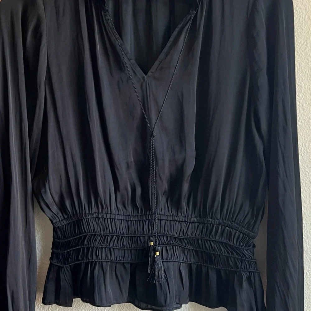 EXPRESS Peplum Tie Neck Black Blouse - Picture 4 of 5